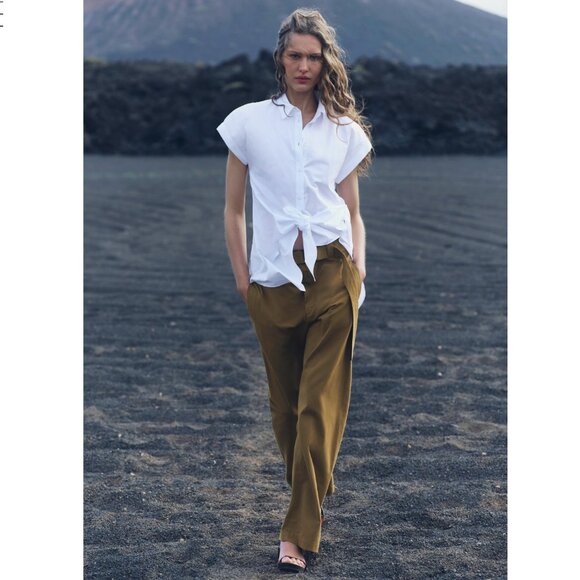 NWT ZARA ZW COLLECTION KAMARLI WIDE-LEG Pant Olive Green Large Bloggers Fave - Picture 1 of 11